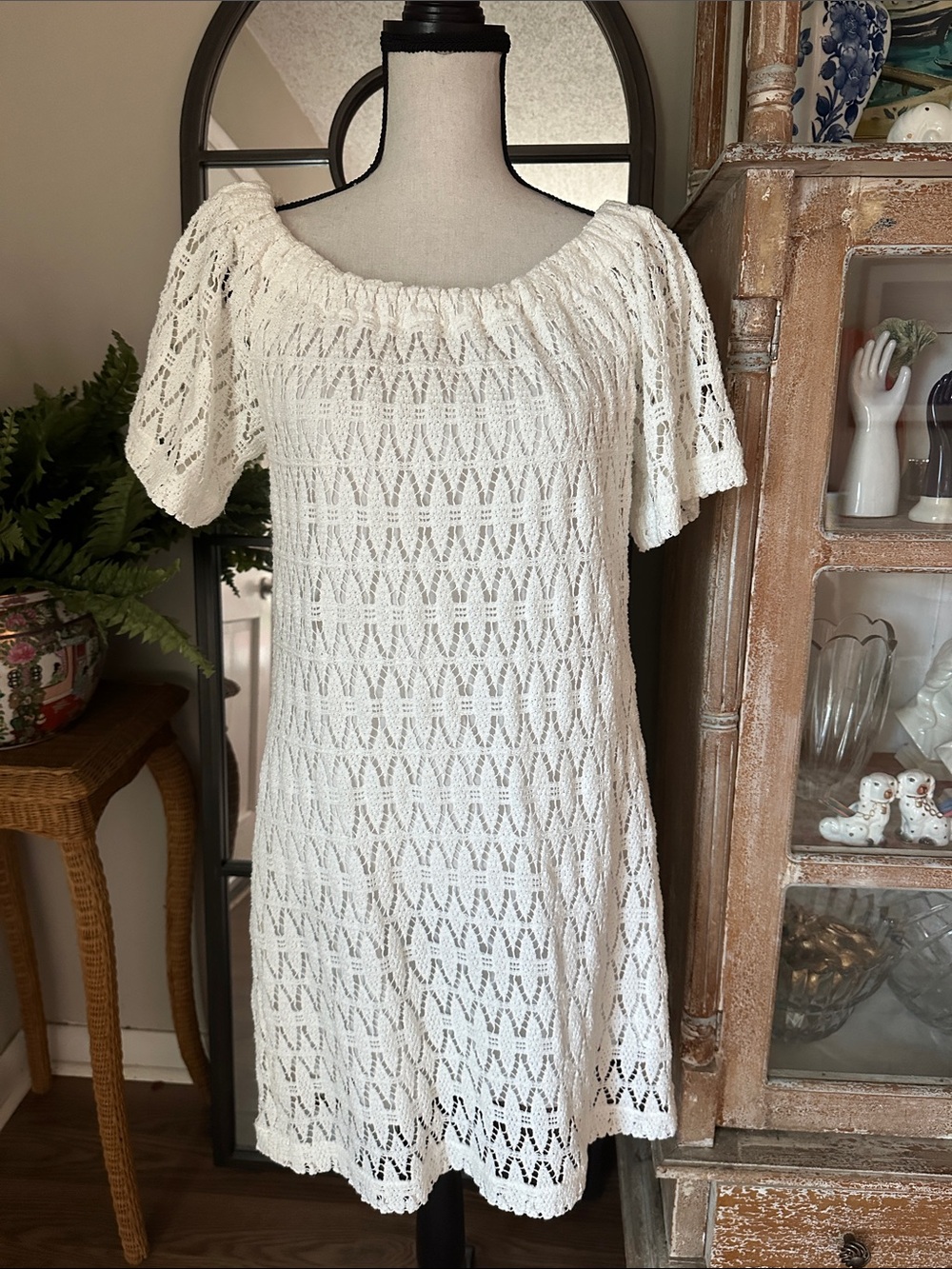 A.L.C. White Open-Knit Off-Shoulder Crochet Dress